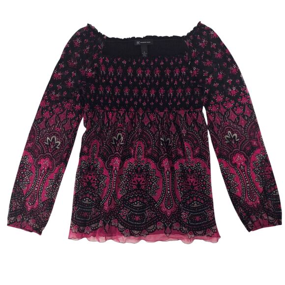 Vtg Y2K Babydoll Mesh Top Shirt XL Floral Smocked Whimsigoth Fairy Boho INC Long - Picture 1 of 8